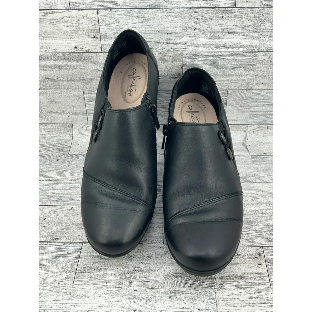Clarks Collection Black Leather Ankle Booties Side Zip Block Heel Women Sz 8.5W‎